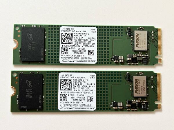 二個セット Micron 2450 M.2 2280 NVMe SSD 256GB PCIe Gen4 MTFDKBA256TFK 合計512GB 未使用に近い