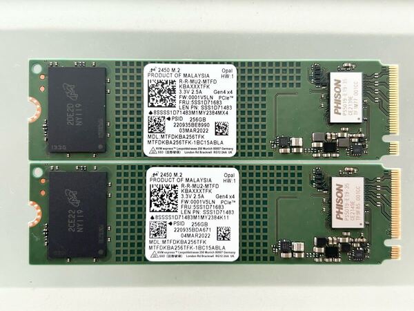 二個セット Micron 2450 M.2 2280 NVMe SSD 256GB PCIe Gen4 MTFDKBA256TFK 合計512GB 未使用に近い