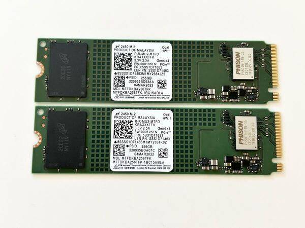 二個セット Micron 2450 M.2 2280 NVMe SSD 256GB PCIe Gen4 MTFDKBA256TFK 合計512GB 未使用に近い