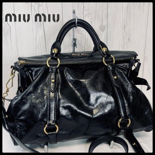 ◆ 美品 ◆ miumiu ミュウミュウ ハンドバッグ リボン レザー ブラック ヴィッテロリュクス ショルダーバッグ 斜め掛け A4 黒 バッグ