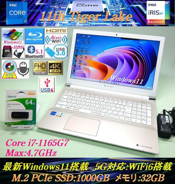 【美品!2021年3月*フルHD*USB4*5G対応:WiFi6(ax)*第11世代Core i7-1165G7】新品PCIe SSD1TB*Blu-ray*メモリ32GB*Blutooth*カメラ:P1T6RPEG