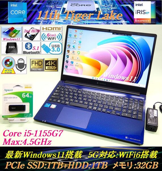 【極上!2021年11月*フルHD*5G対応:WiFi6ax*第11世代Core i5-1155G7】新品PCIe SSD1TB+HDD1TB*メモリ32GB*Blutooth*カメラ*4K-HDMI:P3C6USEL
