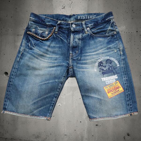 HYSTERIC GLAMOUR/ヒステリックグラマー デニムショートパンツ ハーフパンツ カレッジプリント ヒスガール スタッズ ボタンフライ