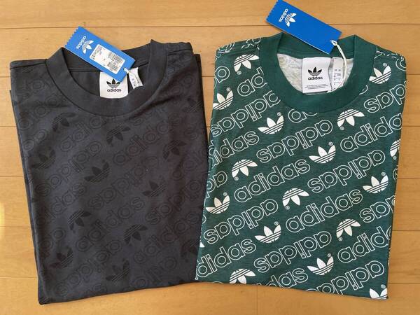 送料込み 新品未使用 M adidas アディダスオリジナルス 総柄半袖Tシャツ 2枚 ダークグレー・グリーン緑 総ロゴ トレフォイル 即決