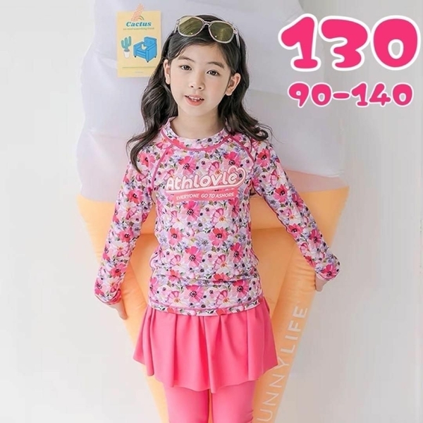 新品未使用 130 ラッシュガード 水着 女の子 ピンク レギンス 長袖 上下セット 花柄セットアップ 女児 ガールズ スカッツ