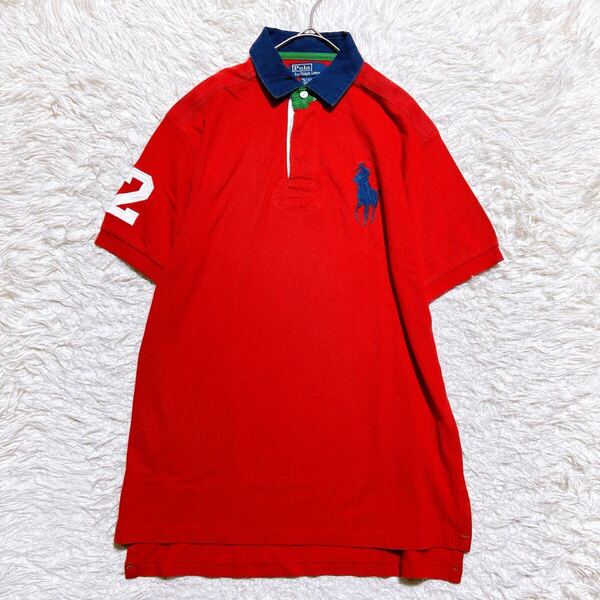 ☆入手困難☆ポロバイラルフローレン POLO RALPH LAUREN ラガーシャツ 半袖 ゼッケン 刺繍 ビックポニー エアー通勤 90s 夏 真夏 古着 M