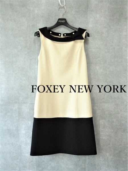 美品【FOXEY NEW YORK|フォクシーニューヨーク】Valuable 襟付きワンピース ボックスカラーワンピース ベージュ 38 S 即決
