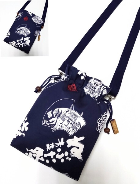巾着ポシェットショルダーバッグ お祭りポシェット ハンドメイド スマホショルダー サコッシュ 巾着袋 斜めがけ 和柄 ねぶた祭り組紐紫