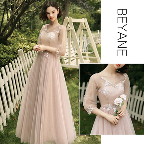 発表会 演奏会 ピンク シアー袖 上品 中学生 高校生 衣装 ドレス ロングドレス 刺繍 花 花柄 チュール 編み上げ リボン 卒業式 成人式