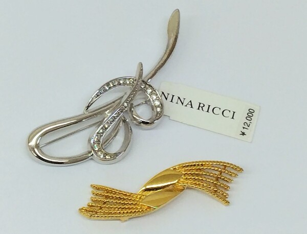 S ニナリッチ NINA RICCI / モネ Monet ブローチ 2個セット 12000円タグ付き ラインストーン シルバー ゴールド ヴィンテージ アクセサリー