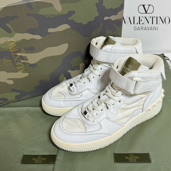 VALENTINO GARAVANI ヴァレンティノ ガラヴァーニ レザー キャンバス ハイカット スニーカー イタリア製 カモ柄 迷彩 40 25cm ホワイト