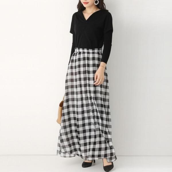 中古 ロング スカート ギンガム チェック柄 フレア シフォン 春夏 free100