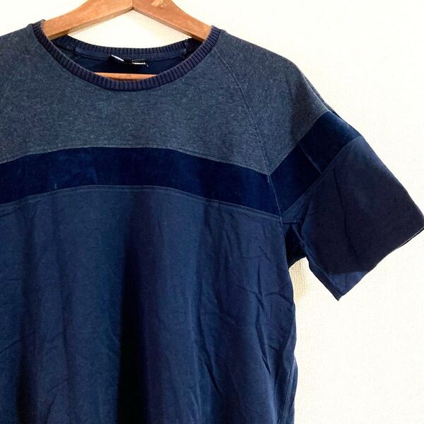 エンポリオ アルマーニ★半袖Tシャツ XL★カットソー ネイビー グレー ベルベット ベロア生地 高級 ハイブランド イタリア ロゴ 古着