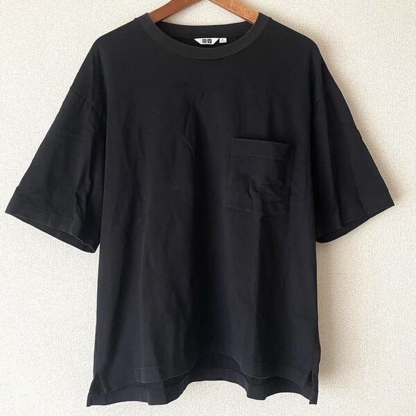 ユニクロ オーバーサイズ クルーネックTシャツ★ポケット XL ブラック 黒 半袖 トップス カットソー 無地 ビッグシルエット 綿 コットン