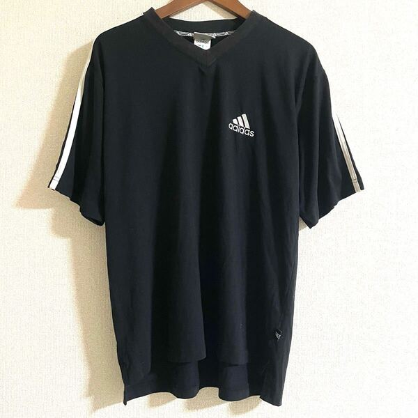 アディダス ビンテージ 古着 Vネック Tシャツ ブラック L★ 半袖 黒 Y2K 昭和 スポーツ サッカー ビッグサイズ オーバーサイズ adidas