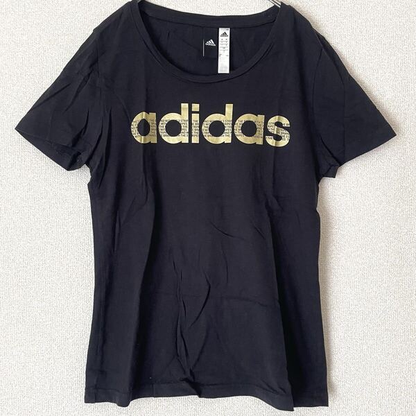 アディダス レディース 半袖Tシャツ L★ブラック×ゴールド★スポーツ ロゴ adidas トップス 綿 コットン 美品 古着 ウェア フィットネス