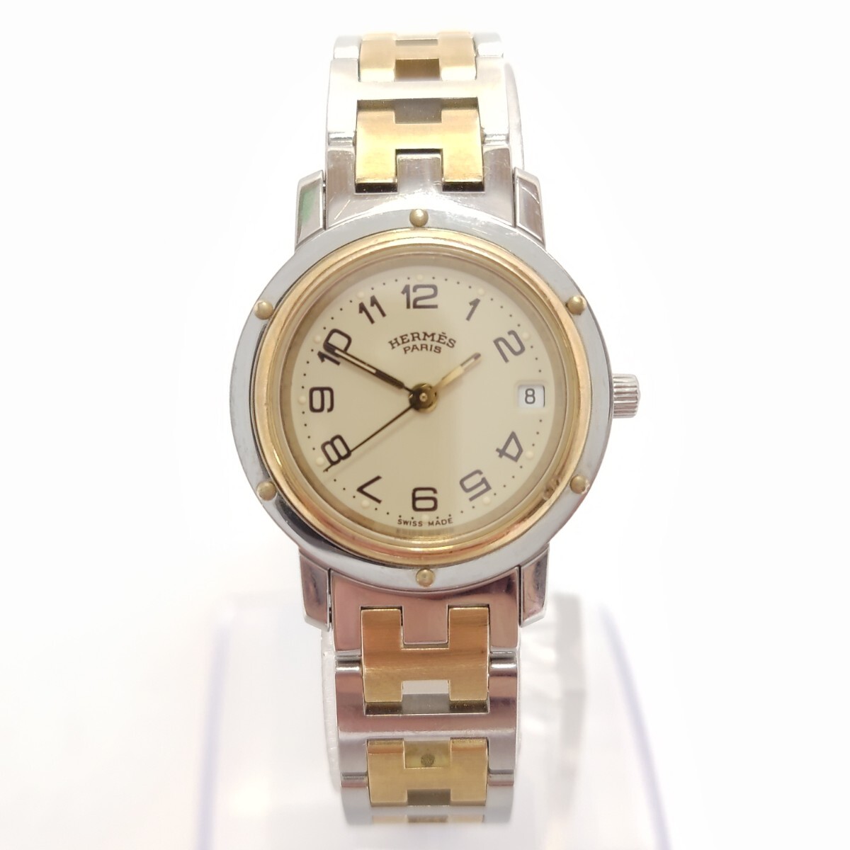 1円 稼働 エルメス クリッパー QZ コンビ アイボリー文字盤 レディース腕時計 KMR 0145200 9PRT