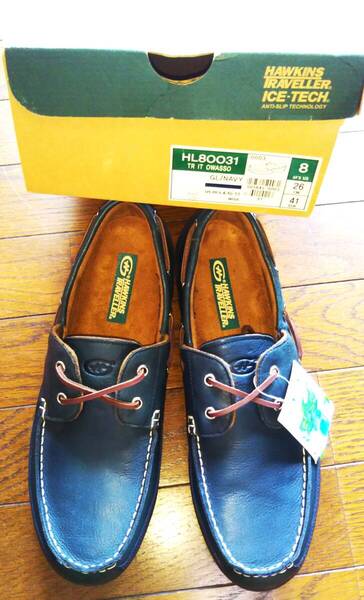 即決・送料込◆HAWKINS ホーキンス◆未使用・レザー本革 モカシン デッキシューズ TRAVELER トラベラー HL80031★グレーネイビー US8(26cm)