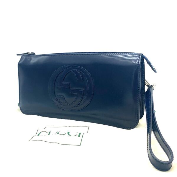 GUCCI インターロッキング クラッチバッグ 保存袋付き GGロゴ パテントレザー セカンドバッグ エナメル レトロ ユニセックス ネイビー