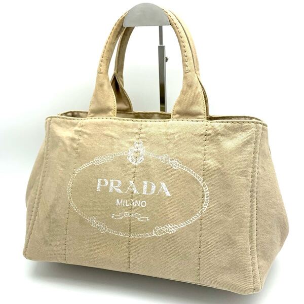 PRADA カナパ M キャンバス トートバッグ A4 大容量 ハンドバッグ 三角ロゴ ゴールド金具 トライアングルロゴ CANAPA Mサイズ ベージュ
