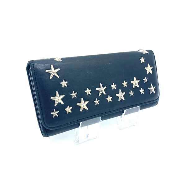 JIMMY CHOO レザー 二つ折り 長財布 スター スタッズ フラップ ロングウォレット シルバー金具 星 ヴィンテージ ネイビー