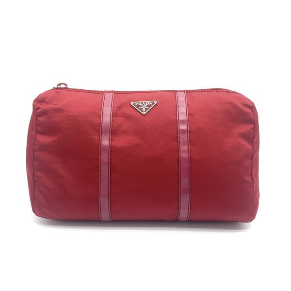 PRADA ナイロン ミニ ポーチ 小物入れ 三角ロゴ シルバー金具 化粧ポーチ コスメ メイク 小銭入れ マルチケース トライアングルロゴ レッド