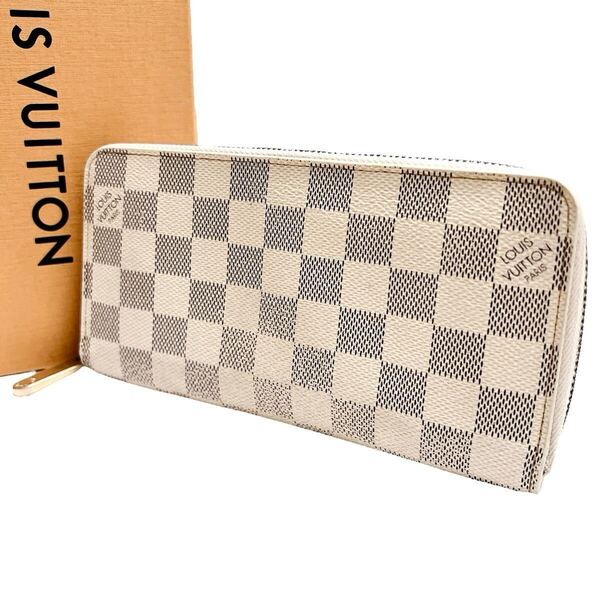 ルイヴィトン LOUIS VUITTON ダミエ アズール 長財布 ジッピーウォレット ラウンドファスナー レザー 本革 ゴールド金具 大容量 白 N60019