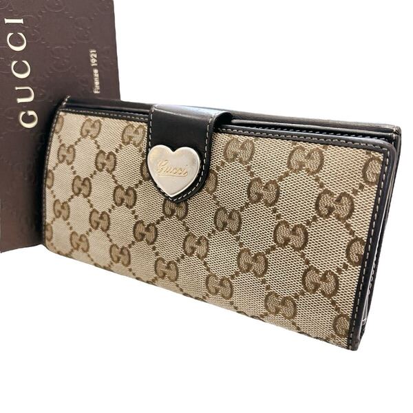 グッチ GUCCI 長財布 折り財布 GGキャンバス GG柄 ジャガード ハート ゴールド金具 革 レザー ブラウン 茶 ダークブラウン 濃茶 レディース
