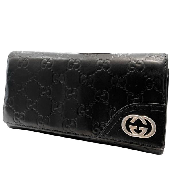 グッチ GUCCI 長財布 二つ折り財布 シマ GG柄 インターロッキング レザー 革 ロゴ金具 ゴールド金具 ブラック 黒色 レディース ウィメンズ