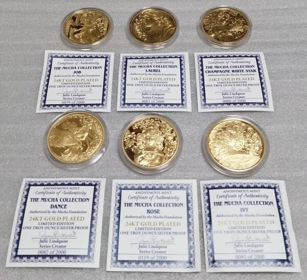 アルフォンス・ミュシャ 銀 ラウンド 純銀 銀貨 金メッキ プルーフ 6枚セット