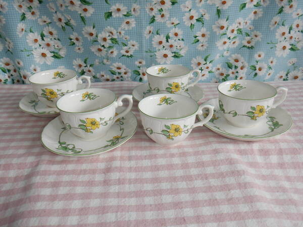 E7 NORITAKE『ノリタケ(CRAFTONE)★黄色の花柄模様のカップ&ソーサー~4客セット 食洗器OK! 日本製』~箱なし