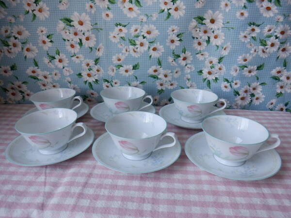 E7 NORITAKE『ノリタケ(コンテンポラリー)TULIP LACE★淡い色合いの花柄模様のカップ&ソーサー6客セット』~箱なし 長期保管品