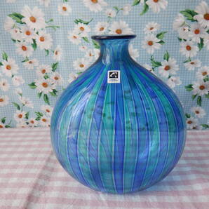 E7 『上越クリスタル硝子★青と緑のストライプ柄のガラス花瓶 月夜野工房作品 ガラス工芸』~箱付き 未使用
