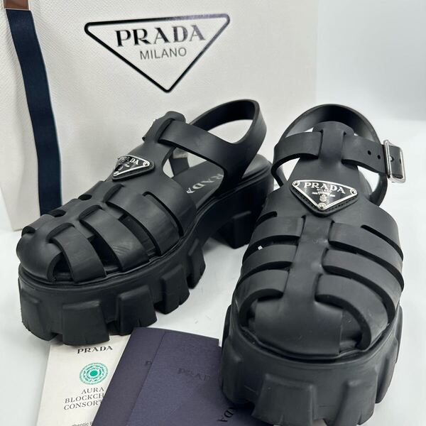 36 PRADA モノリス ラバーサンダル ブラック トライアングルロゴ 黒 プラダ 厚底サンダル シューズ レディース ラバー サンダル 厚底