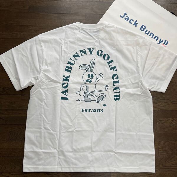 送料無料ジャックバニーbyパーリーゲイツ最新 MENS背面BIGロゴTシャツJBラウンドうさぎモチーフPE天竺柔らか伸縮速乾RELUX白緑(希少6)新品