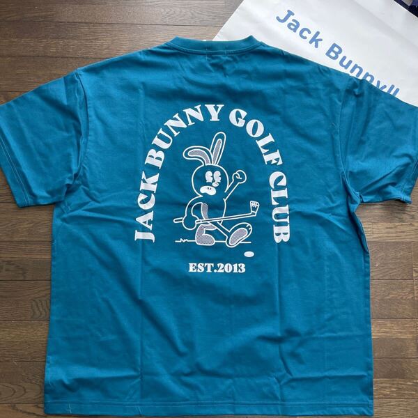 送料無料ジャックバニーbyパーリーゲイツ最新 MENS背面BIGロゴTシャツJBラウンドうさぎモチーフPE天竺柔らか伸縮速乾RELUX青緑(希少5)新品