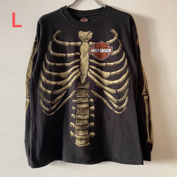 レア 古着 Y2K 00s Harley Davidson Bones L/S Tee Black L ハーレー ダビッドソン ボーン ロンT Tシャツ Rock Band Rap ロックT バンドT