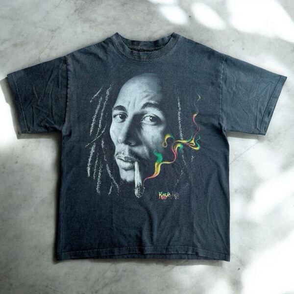 90s USA製 ZION ROOTSWEAR ボブマーリー Tシャツ Lサイズ ヴィンテージ ブラック ラスタカラー 黒 雰囲気系 フェード 古着 希少 一点物