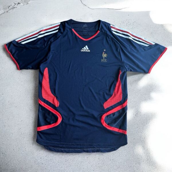 フランス代表 06年 アウェイ ユニフォーム L相当 ヴィンテージ古着 adidas サッカー ゲームシャツ 補修あり アディダス ネイビー 半袖