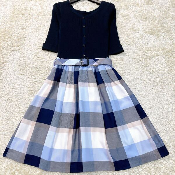 BLUE LABEL CRESTBRIEGEブルーレーベルクレストブリッジドッキングワンピース リボン チェックAライン ベルト 38 ブルー系 レディース