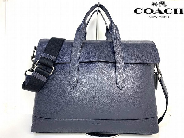 極美品★送料無料★ コーチ メンズ COACH ハミルトン ペブルド レザー ブリーフ 2Way ビジネスバッグ ショルダー ビジネストート ネイビー
