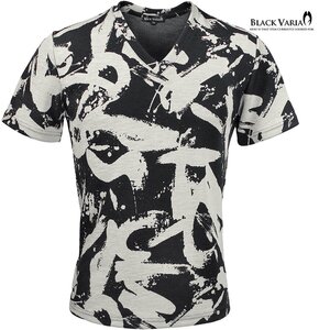 252310-whbk BLACK VARIA Tシャツ 半袖 Vネック ペイント柄 スリム ストレッチ ユニセックス (ホワイト白ブラック黒) L カットソー