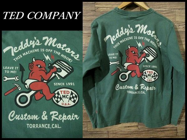送無 G② TED COMPANY TEDMAN テッドカンパニー テッドマン 長袖 モーターサイクル プリント チェッカーフラッグ クルーネック Tシャツ 緑