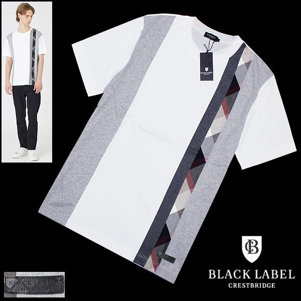 送料無料!定価1.7万 新品 L(3)ブラックレーベル クレストブリッジ チェック×ストライプ パッチワーク半袖TシャツBLACK LABEL CRESTBRIDGE