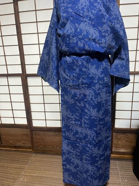 単着物 綿 藍染 紬 菊の鮫小紋 しつけ糸 丈148 裄64 綺麗な青