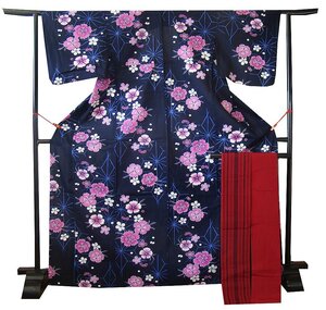 Прекрасные летние товары! Шестьдесят восемь с половиной метров от Yuki 68.2cm, комплект из двух, хлопок Benihai yukata, 4sun obi, tailored, 158cm-165cm, Ym153.