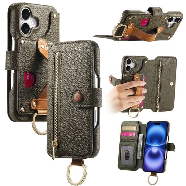 グリーン iphone16plusケース 手帳型 スマホケース 小物入れ 超繊皮 RFID磁気防止 スキミング防止 カードポケット 財布型 携帯カバー