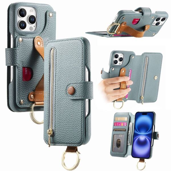 ブルー iphone16proケース 手帳型 スマホケース 小物入れ 超繊皮 RFID磁気防止 スキミング防止 カードポケット 財布型 携帯カバー