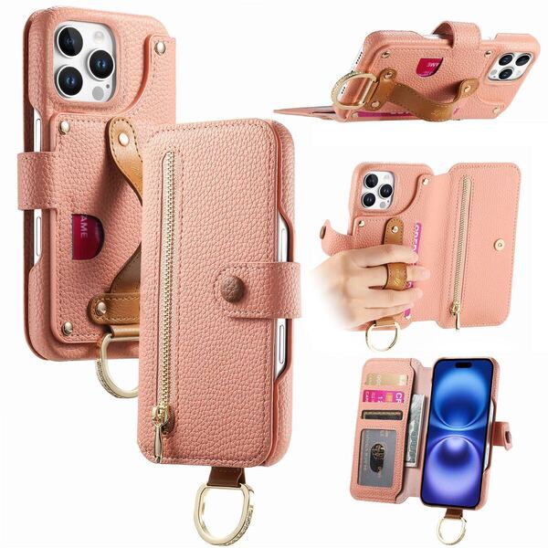ピンク Iphone16proケース 手帳型 スマホケース 小物入れ 超繊皮 RFID磁気防止 スキミング防止 カードポケット 財布型 携帯カバー