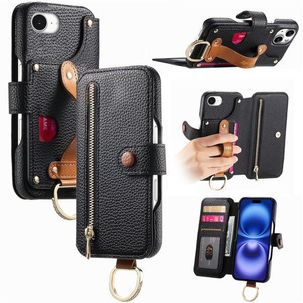 ブラック iphone16eケース 手帳型 スマホケース 小物入れ 超繊皮 RFID磁気防止 スキミング防止 カードポケット 財布型 携帯カバー